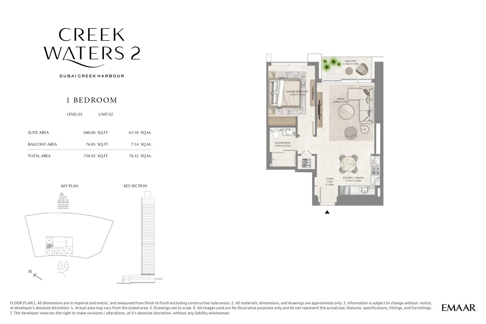 Creek Waters 2 floor plan: 1-bedroom apartment Unit 02 — Level 1. Type/model Unit 02 – Level 1; total area 756.92 sq ft.