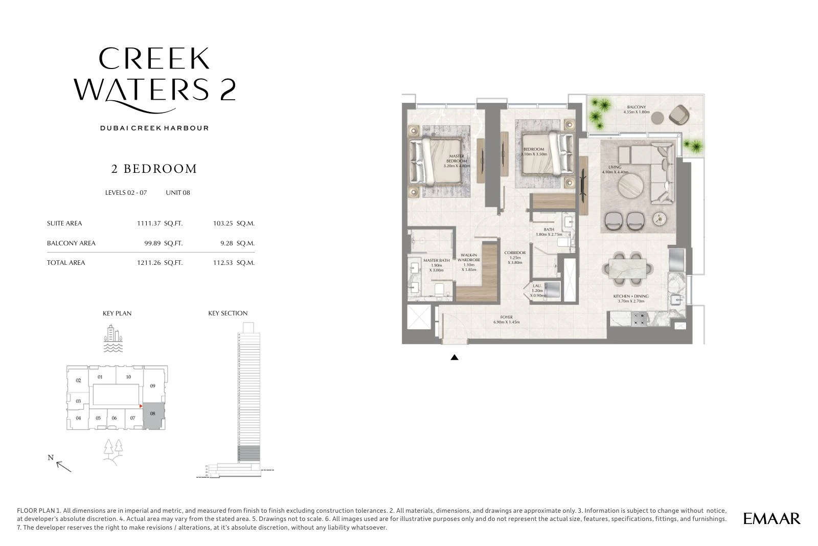 Creek Waters 2 floor plan: 2-bedroom apartment Unit 08 — Levels 2–7. Type/model Unit 08 – Levels 2–7; total area 1,211.26 sq ft.