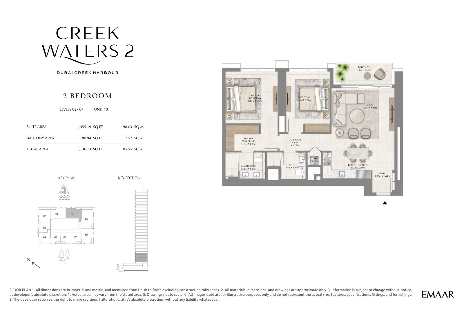 Creek Waters 2 floor plan: 2-bedroom apartment Unit 10 — Levels 2–7. Type/model Unit 10 – Levels 2–7; total area 1,136.13 sq ft.