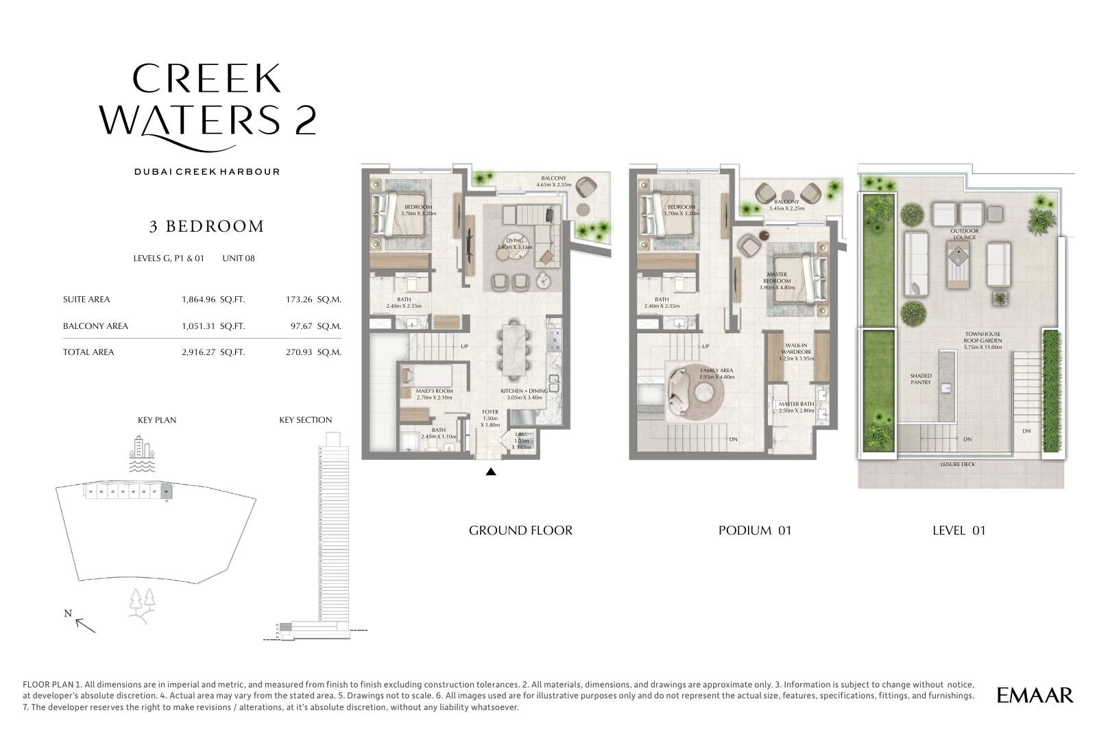 Creek Waters 2 floor plan: 3-bedroom townhouse Unit 08 — Ground, Podium 1 & Level 1. Type/model Unit 08; total area 2,916.27 sq ft.