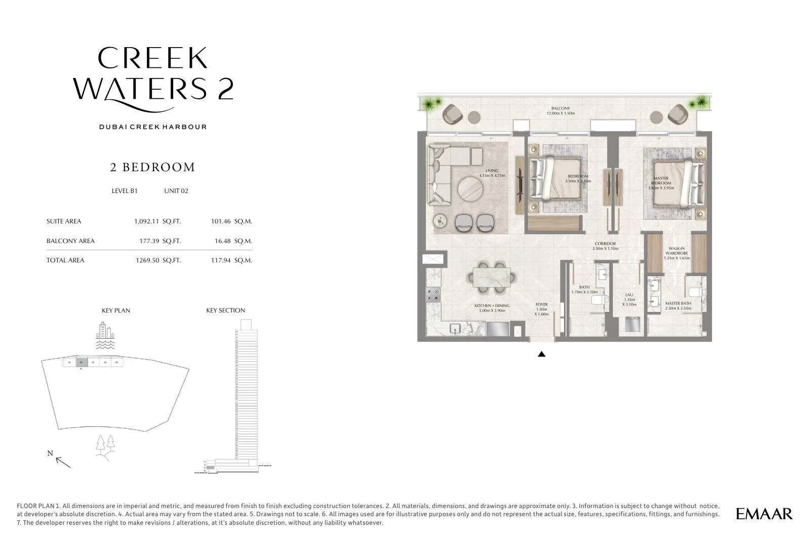 Creek Waters 2 floor plan: 2-bedroom apartment Unit 02 — Basement 1. Type/model Unit 02 – Basement 1; total area 1,269.50 sq ft.
