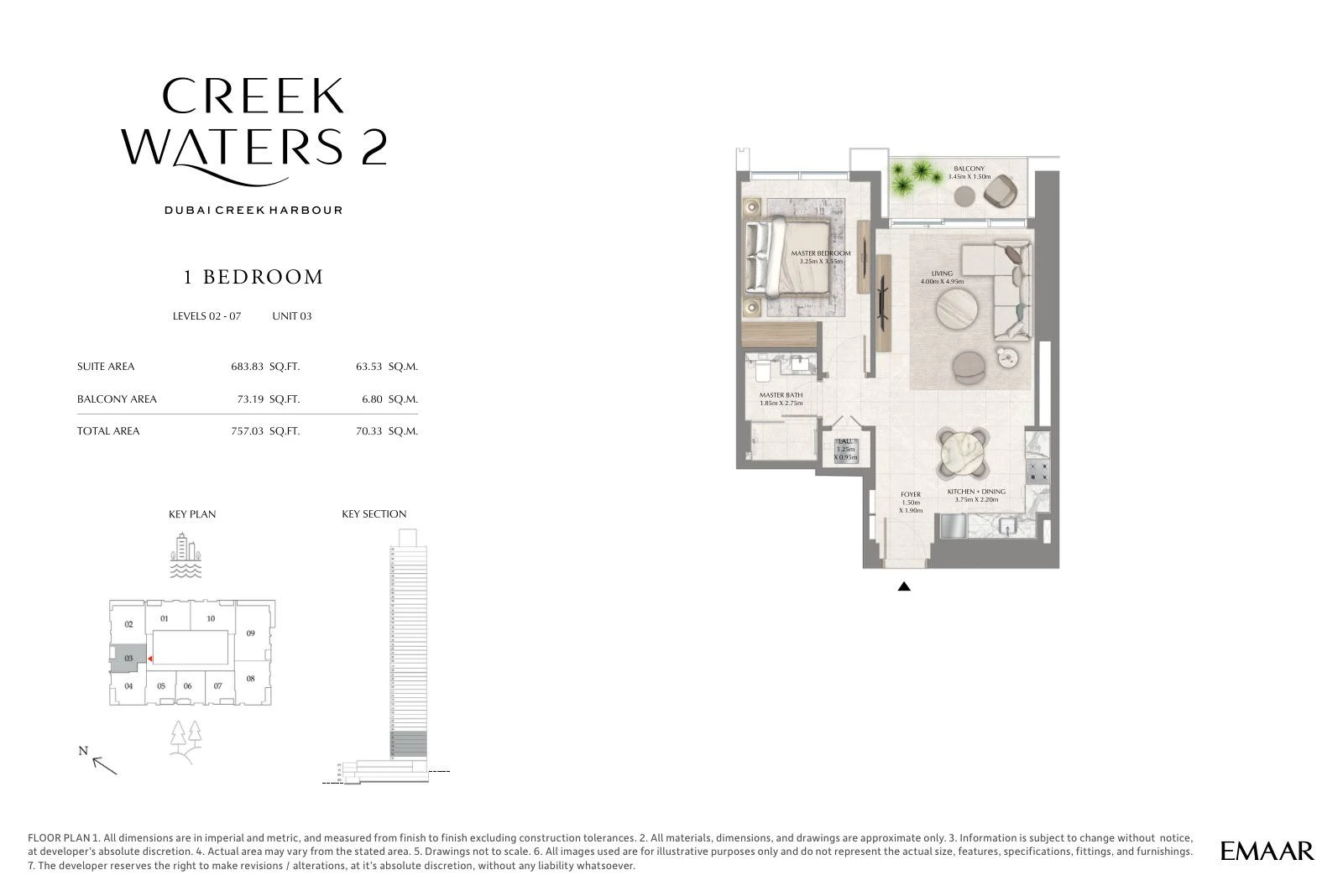 Creek Waters 2 floor plan: 1-bedroom apartment Unit 03 — Levels 2–7. Type/model Unit 03 – Levels 2–7; total area 757.03 sq ft.
