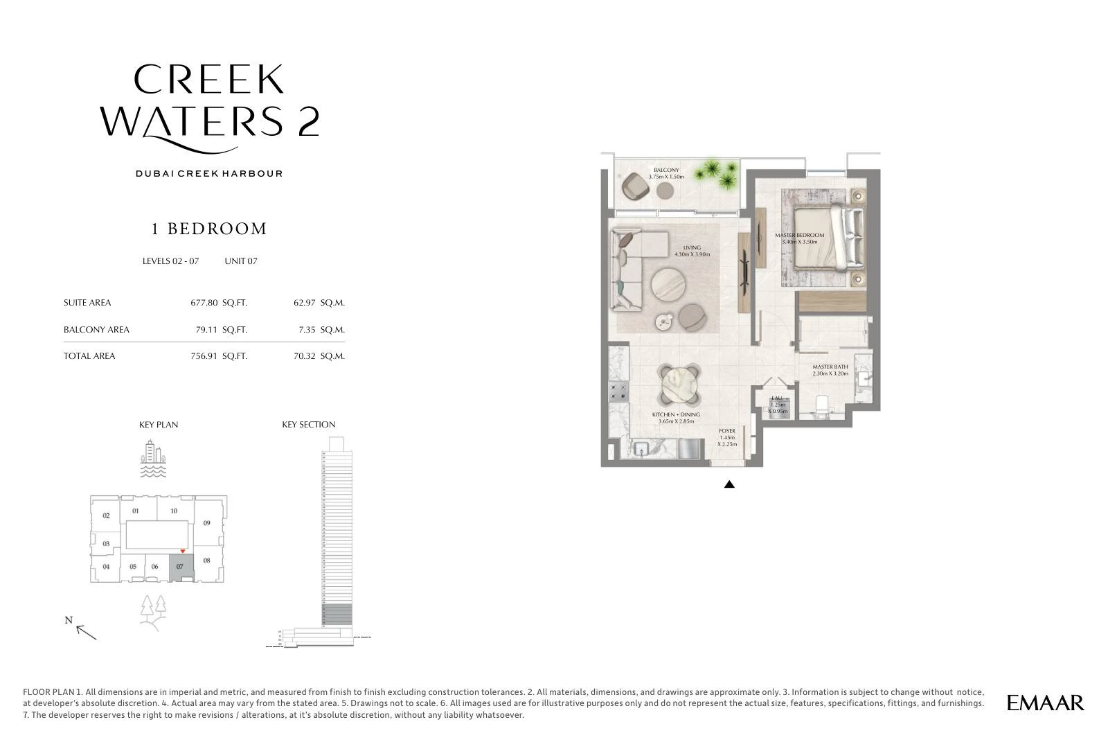 Creek Waters 2 floor plan: 1-bedroom apartment Unit 07 — Levels 2–7. Type/model Unit 07 – Levels 2–7; total area 756.91 sq ft.