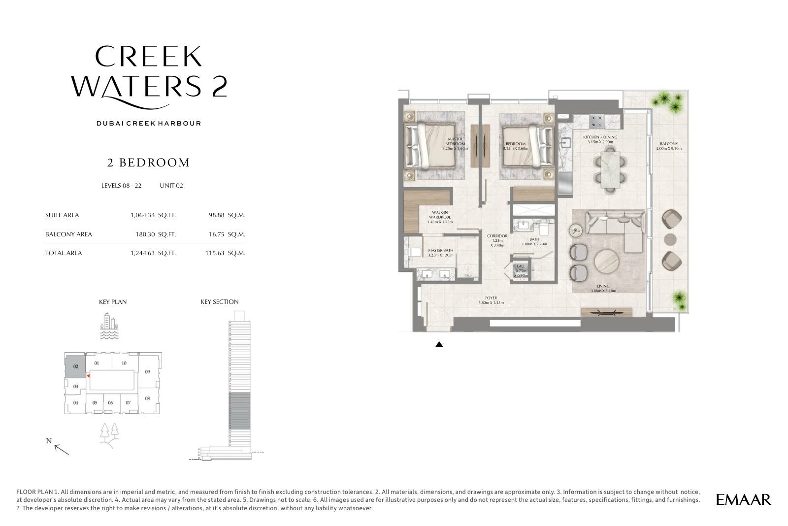 Creek Waters 2 floor plan: 2-bedroom apartment Unit 02 — Levels 8–22. Type/model Unit 02 – Levels 8–22; total area 1,244.63 sq ft.