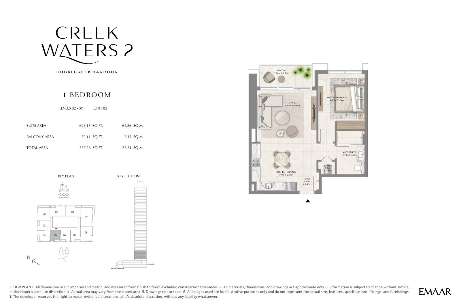 Creek Waters 2 floor plan: 1-bedroom apartment Unit 05 — Levels 2–7. Type/model Unit 05 – Levels 2–7; total area 777.26 sq ft.