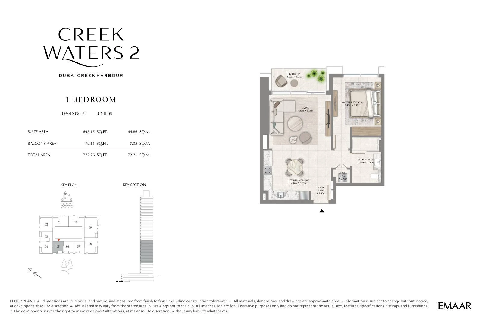 Creek Waters 2 floor plan: 1-bedroom apartment Unit 05 — Levels 8–22. Type/model Unit 05 – Levels 8–22; total area 777.26 sq ft.