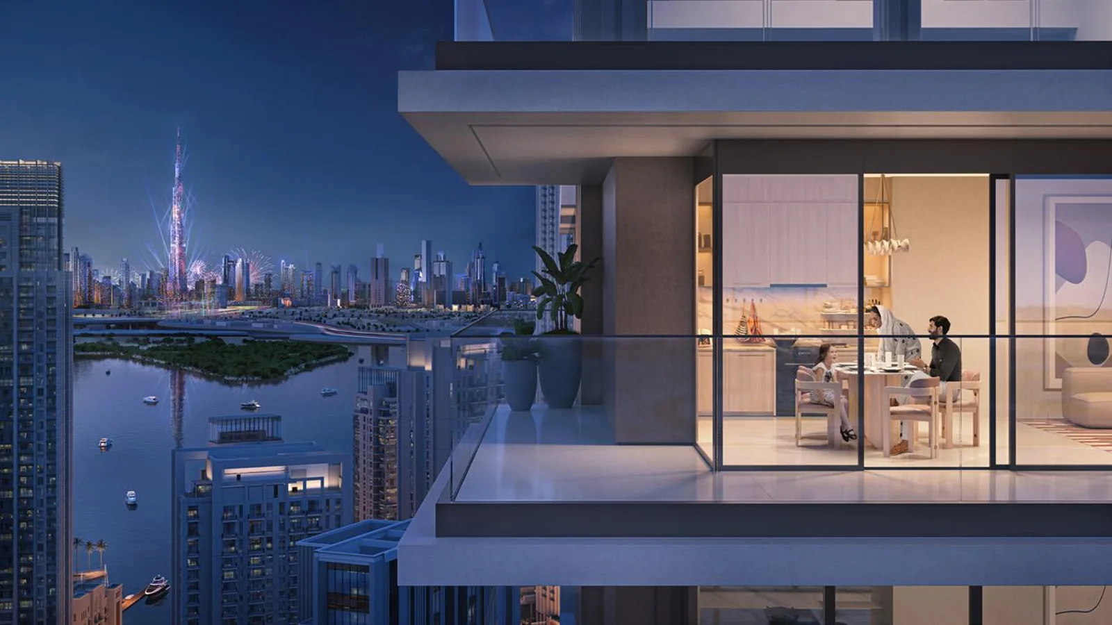 Creek Waters 2 balcony with views across Dubai Creek Harbour towards the Dubai skyline.