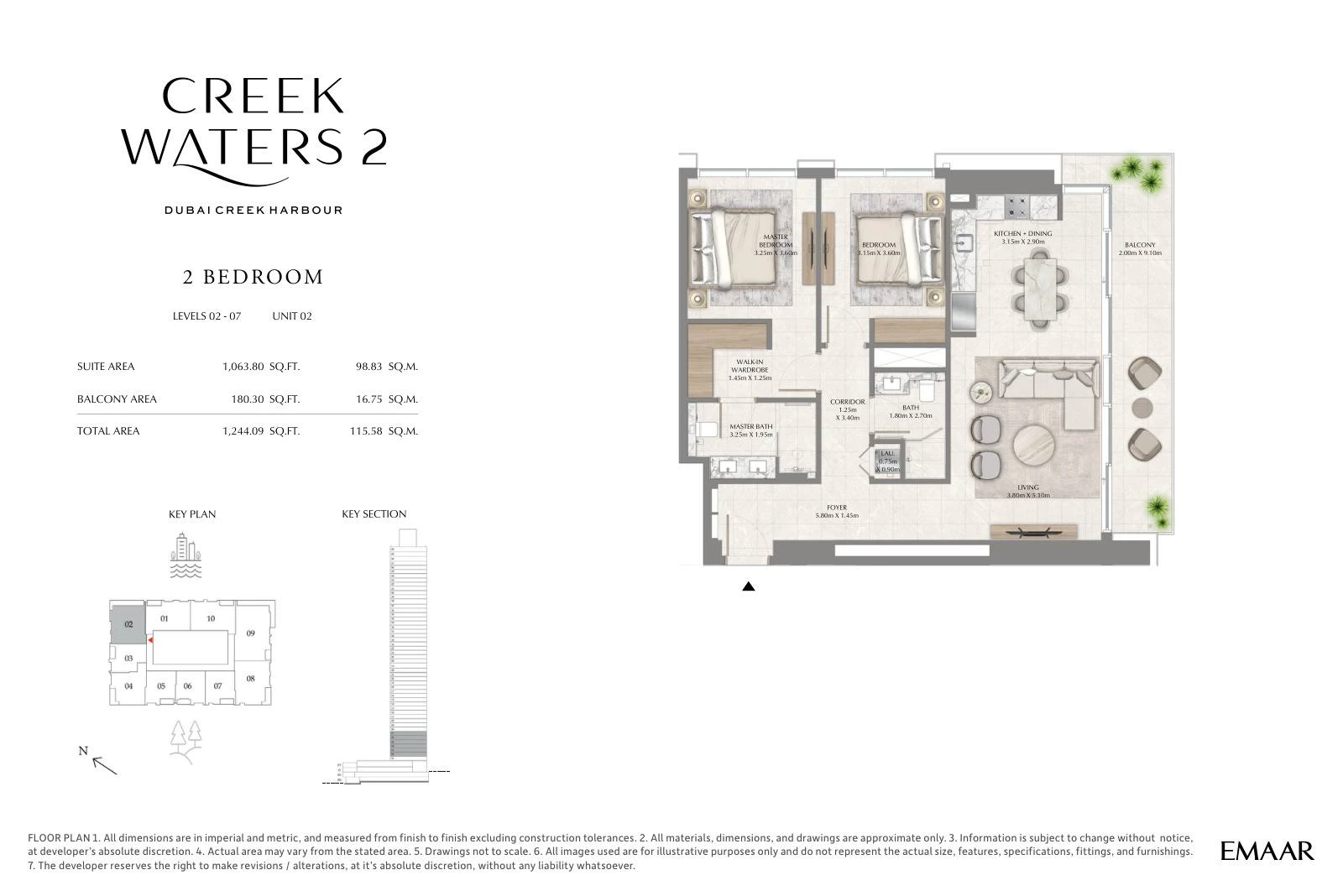 Creek Waters 2 floor plan: 2-bedroom apartment Unit 02 — Levels 2–7. Type/model Unit 02 – Levels 2–7; total area 1,244.09 sq ft.