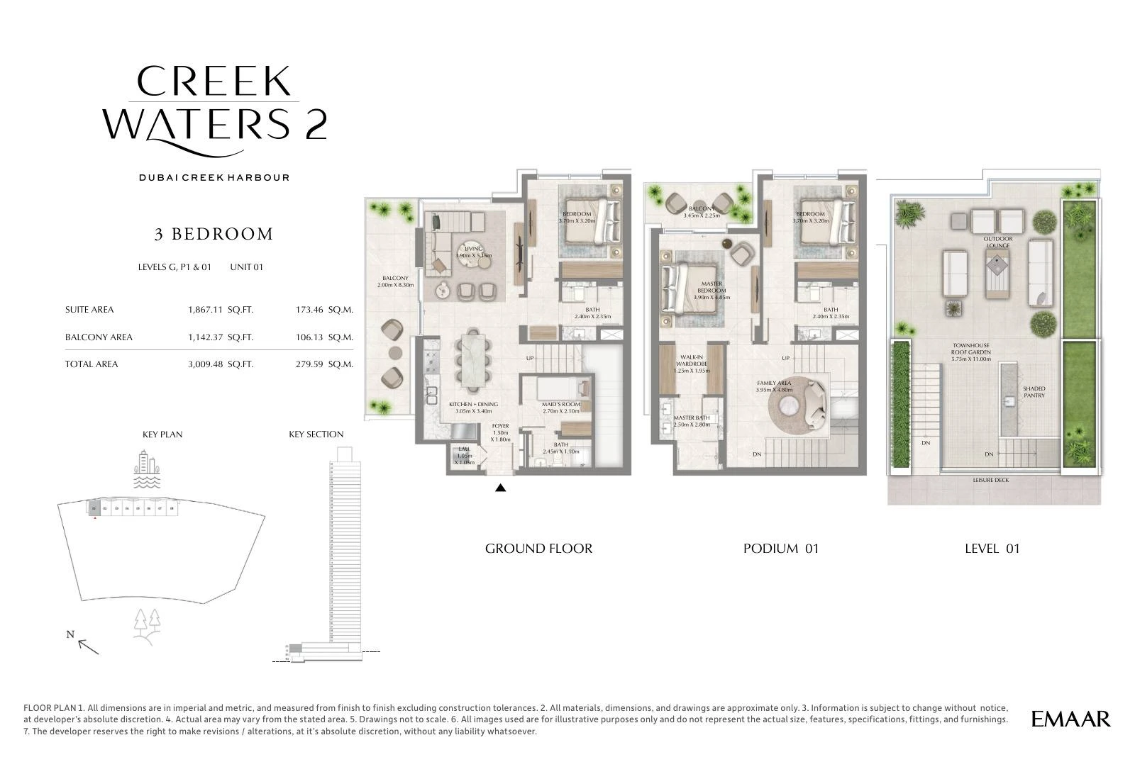 Creek Waters 2 floor plan: 3-bedroom townhouse Unit 01 — Ground, Podium 1 & Level 1. Type/model Unit 01; total area 3,009.48 sq ft.