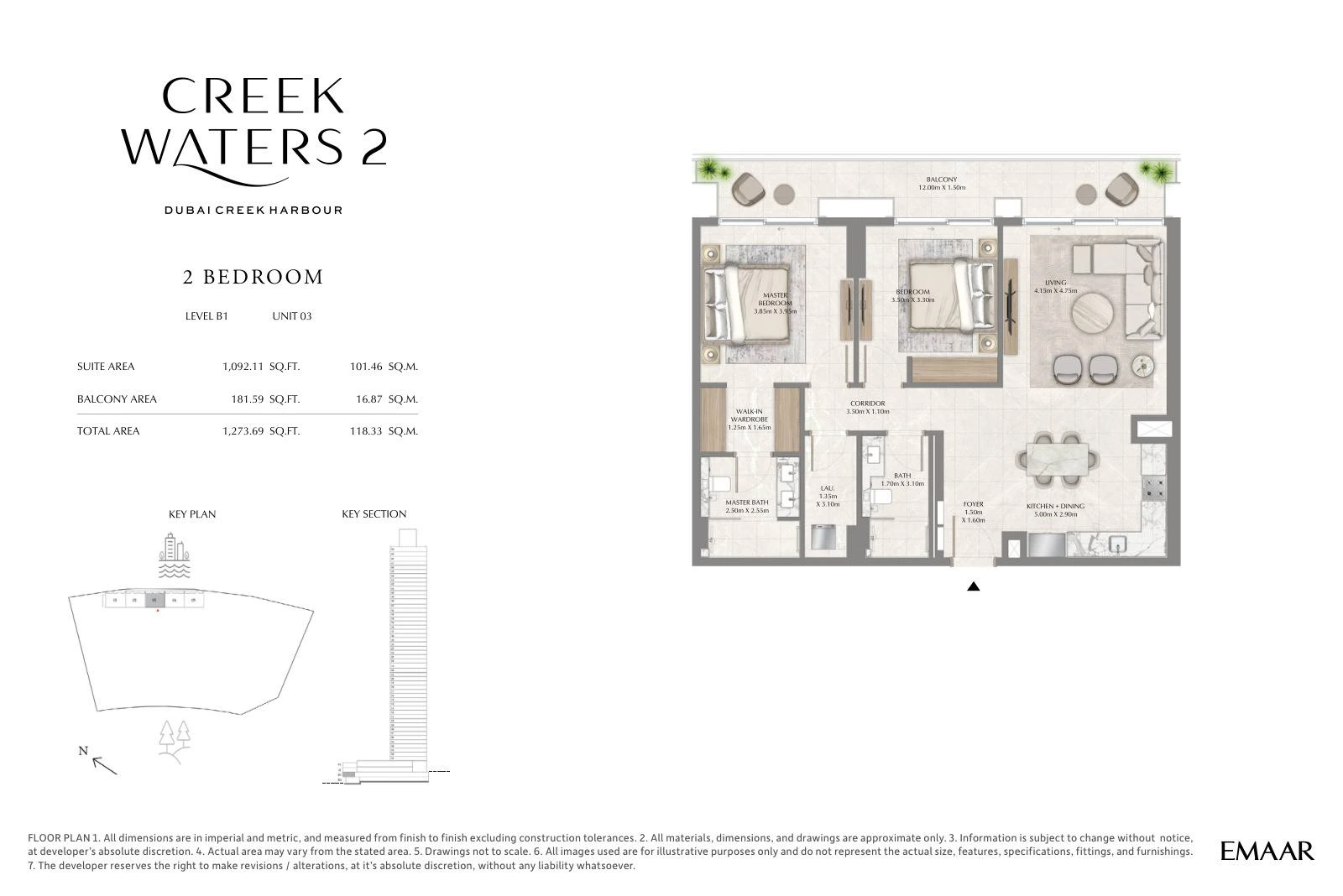 Creek Waters 2 floor plan: 2-bedroom apartment Unit 03 — Basement 1. Type/model Unit 03 – Basement 1; total area 1,273.69 sq ft.