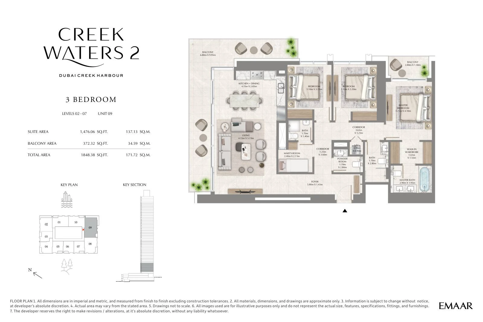 Creek Waters 2 floor plan: 3-bedroom apartment Unit 09 — Levels 2–7. Type/model Unit 09 – Levels 2–7; total area 1,848.38 sq ft.