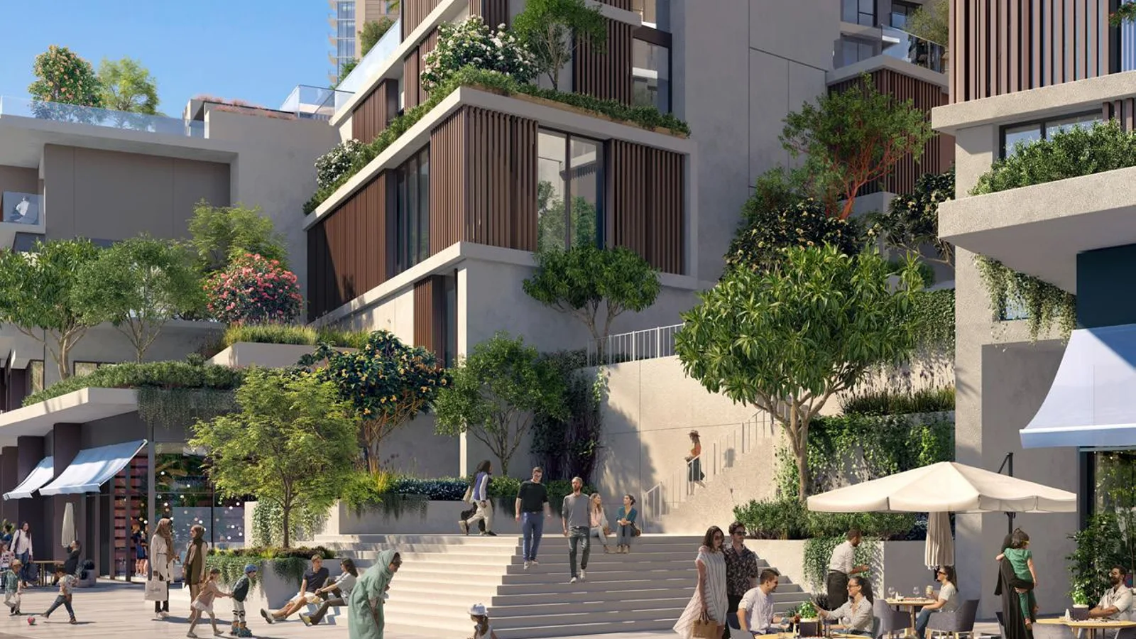 Landscaped podium frontage and retail promenade at Creek Waters 2.