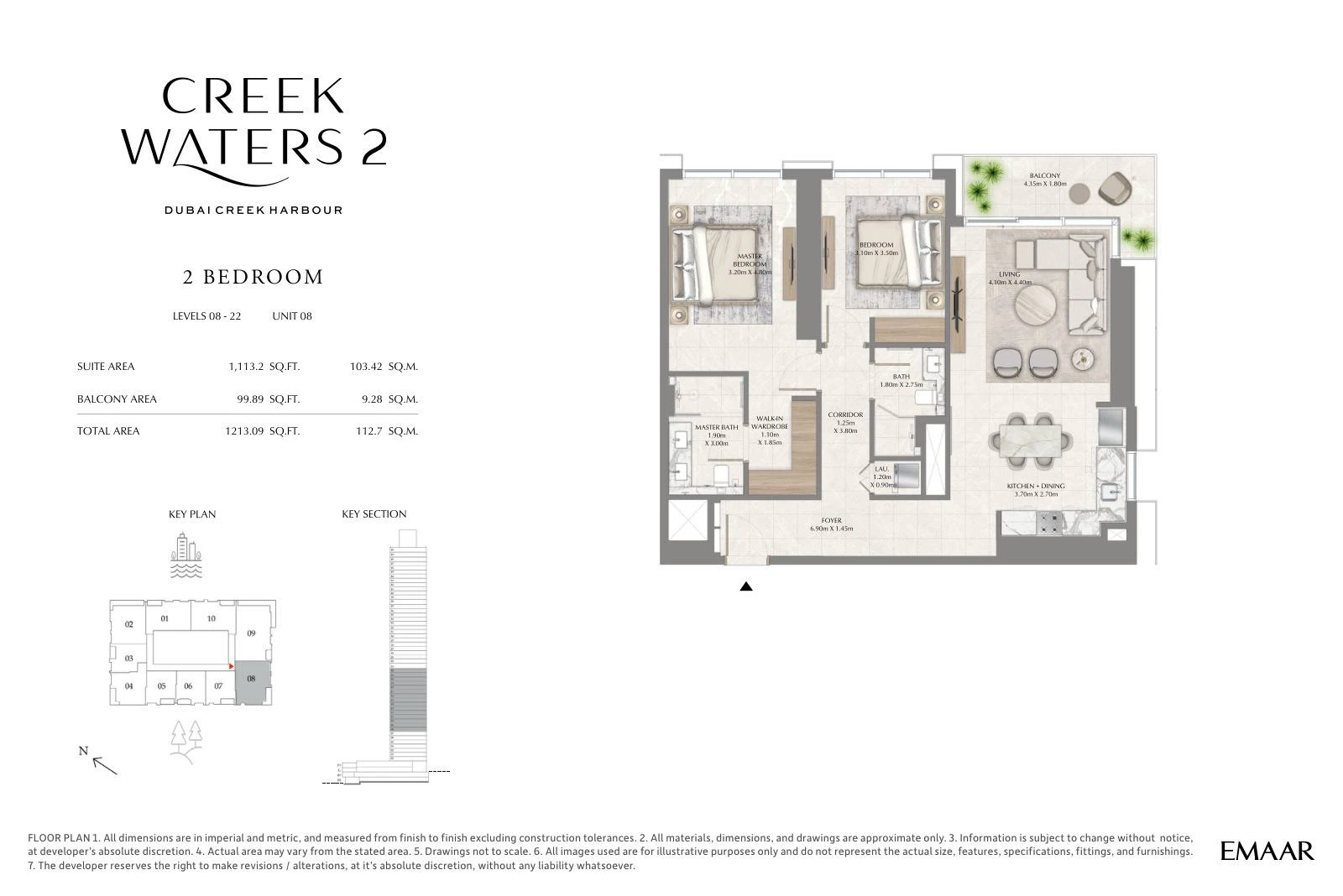 Creek Waters 2 floor plan: 2-bedroom apartment Unit 08 — Levels 8–22. Type/model Unit 08 – Levels 8–22; total area 1,213.09 sq ft.