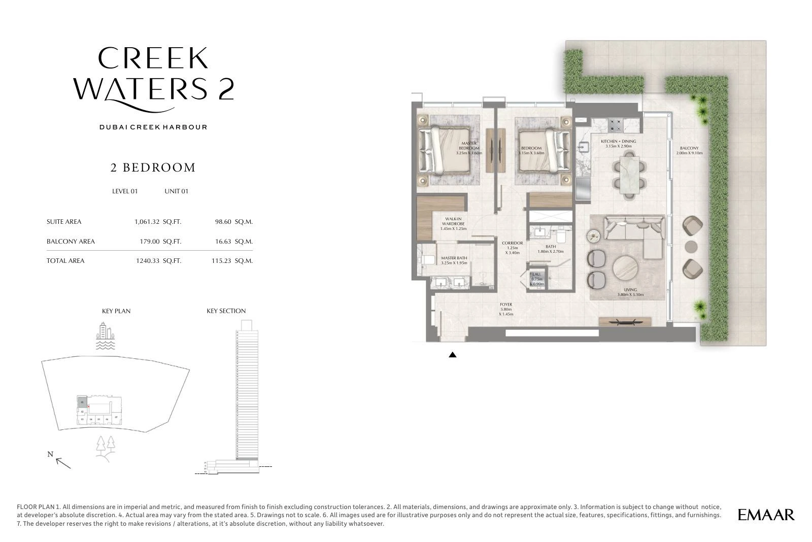 Creek Waters 2 floor plan: 2-bedroom apartment Unit 01 — Level 1. Type/model Unit 01 – Level 1; total area 1,240.33 sq ft.