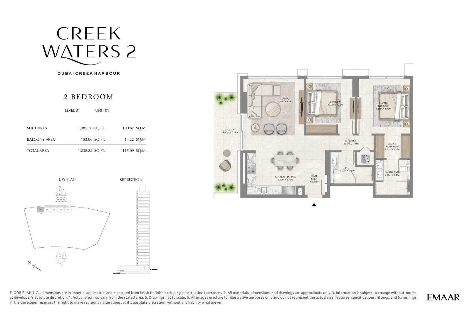 Creek Waters 2 floor plan: 2-bedroom apartment Unit 01 — Basement 1. Type/model Unit 01 – Basement 1; total area 1,238.82 sq ft.