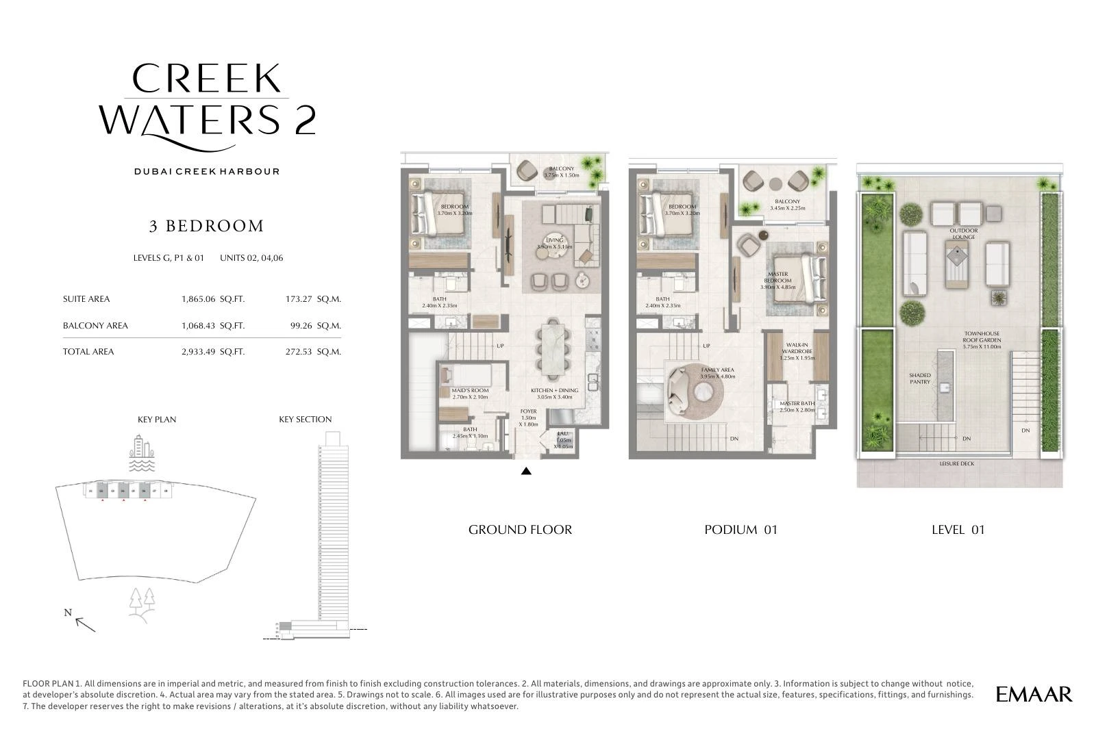 Creek Waters 2 floor plan: 3-bedroom townhouse Units 02, 04 & 06 — Ground, Podium 1 & Level 1. Type/model Units 02, 04 & 06; total area 2,933.49 sq ft.