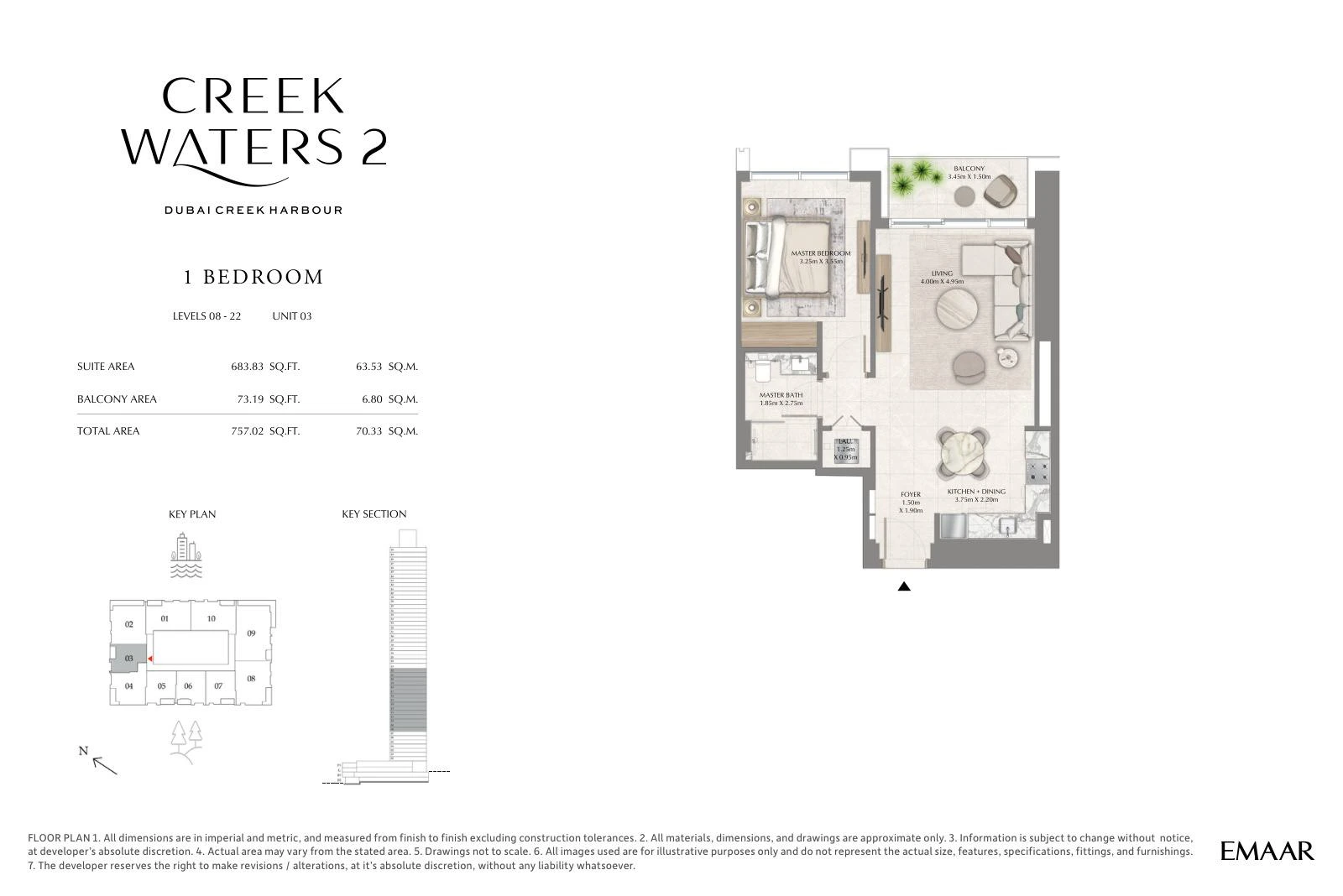 Creek Waters 2 floor plan: 1-bedroom apartment Unit 03 — Levels 8–22. Type/model Unit 03 – Levels 8–22; total area 757.02 sq ft.