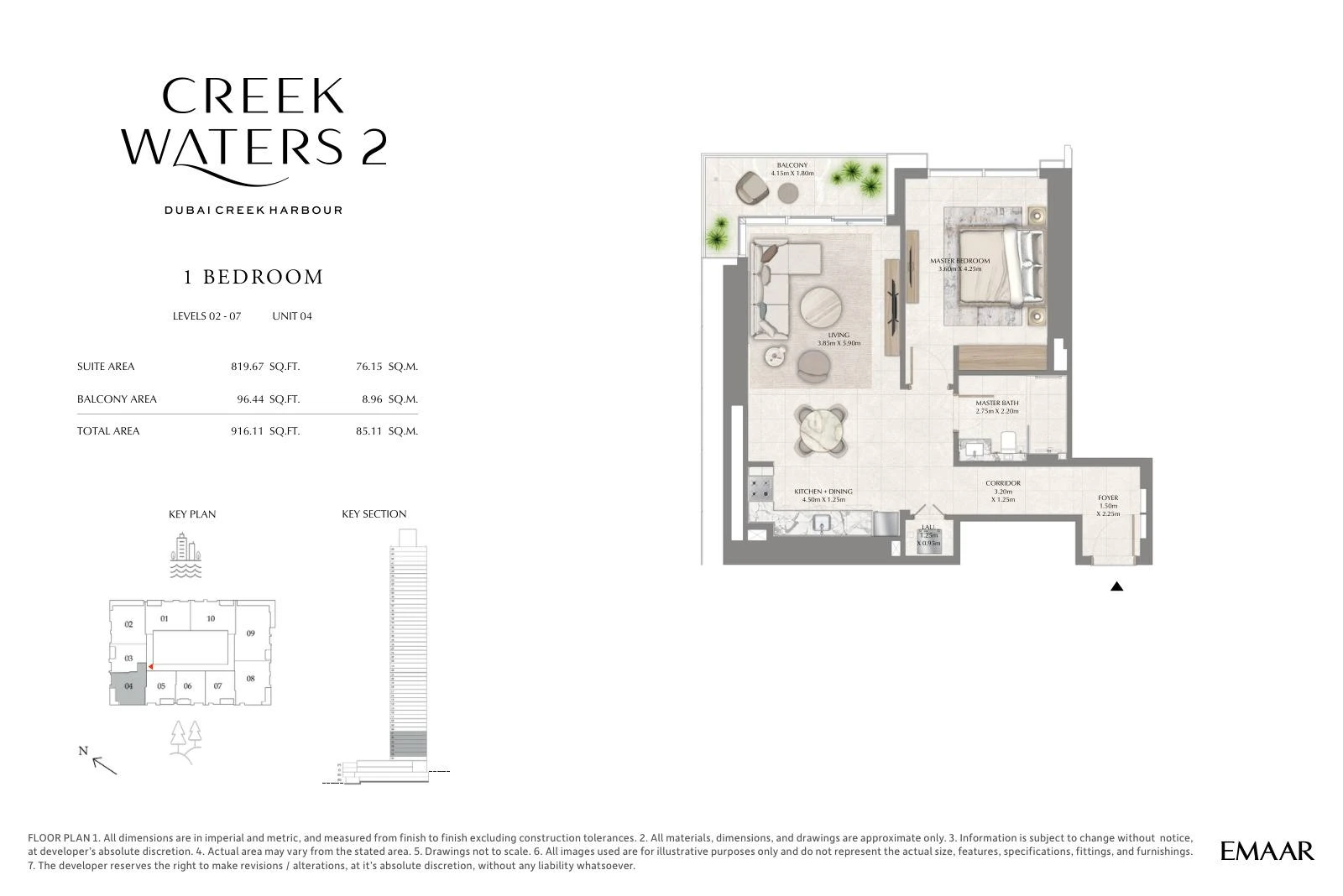 Creek Waters 2 floor plan: 1-bedroom apartment Unit 04 — Levels 2–7. Type/model Unit 04 – Levels 2–7; total area 916.11 sq ft.