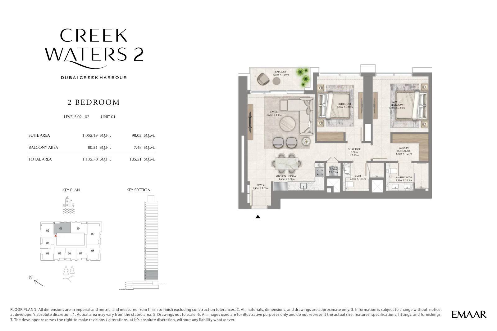 Creek Waters 2 floor plan: 2-bedroom apartment Unit 01 — Levels 2–7. Type/model Unit 01 – Levels 2–7; total area 1,135.70 sq ft.