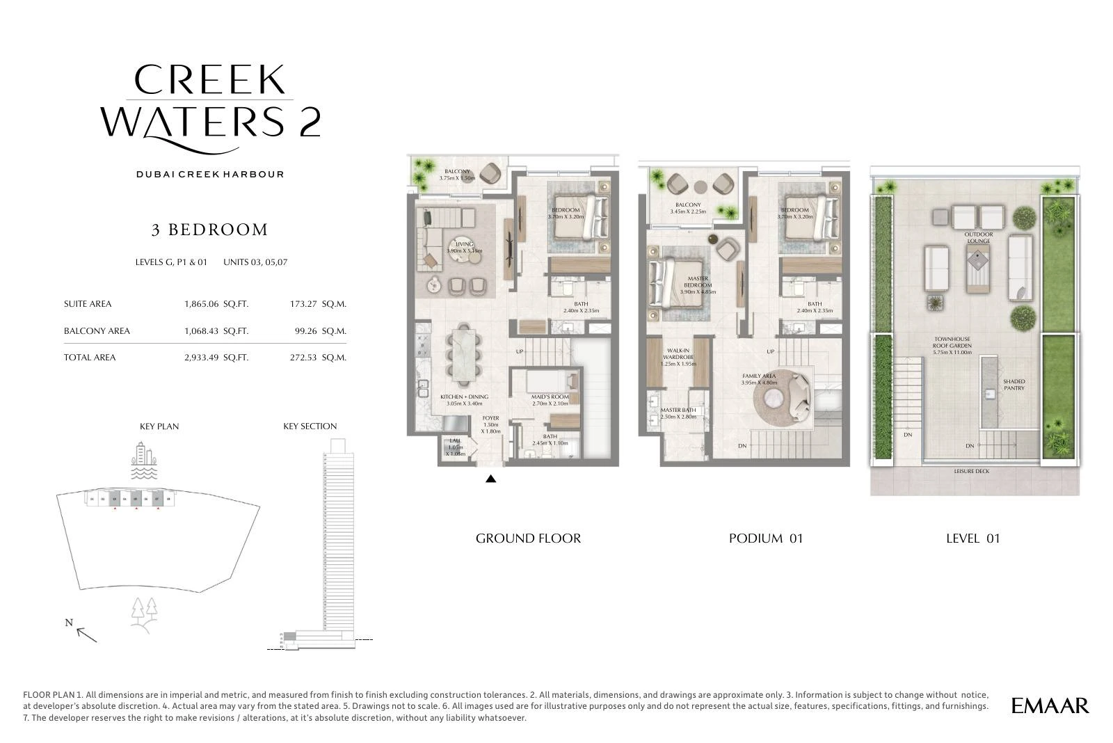 Creek Waters 2 floor plan: 3-bedroom townhouse Units 03, 05 & 07 — Ground, Podium 1 & Level 1. Type/model Units 03, 05 & 07; total area 2,933.49 sq ft.