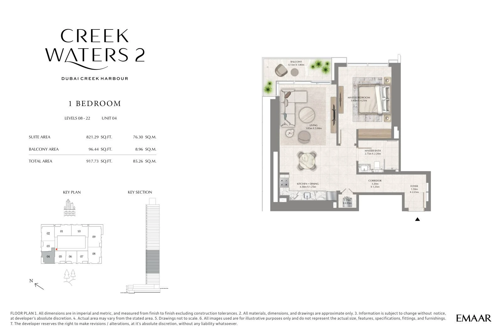 Creek Waters 2 floor plan: 1-bedroom apartment Unit 04 — Levels 8–22. Type/model Unit 04 – Levels 8–22; total area 917.73 sq ft.
