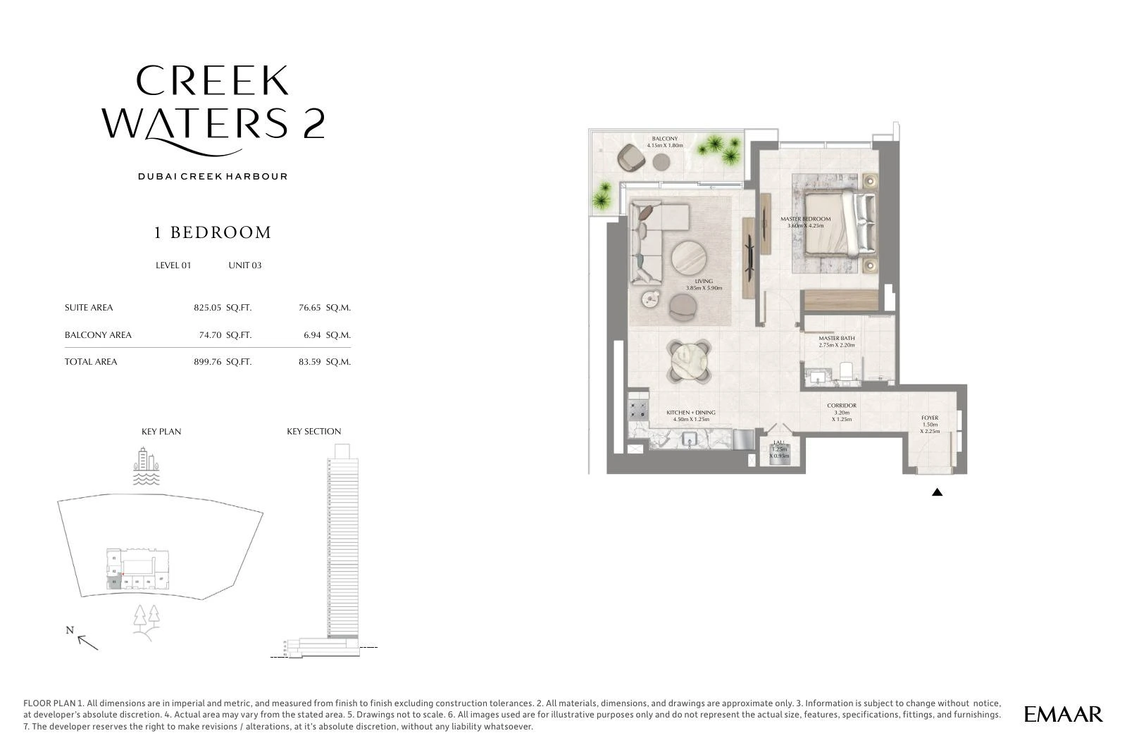 Creek Waters 2 floor plan: 1-bedroom apartment Unit 03 — Level 1. Type/model Unit 03 – Level 1; total area 899.76 sq ft.