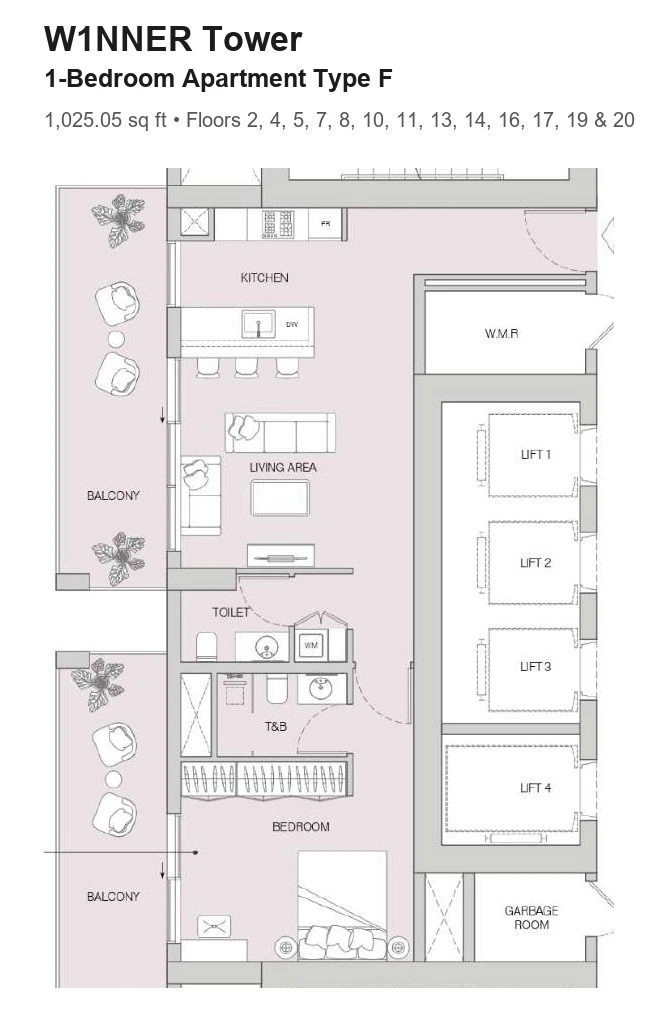 W1NNER Tower 1-bedroom apartment floor plan, Type F, 1,025.05 sq ft, for floors 2, 4, 5, 7, 8, 10, 11, 13, 14, 16, 17, 19 & 20.