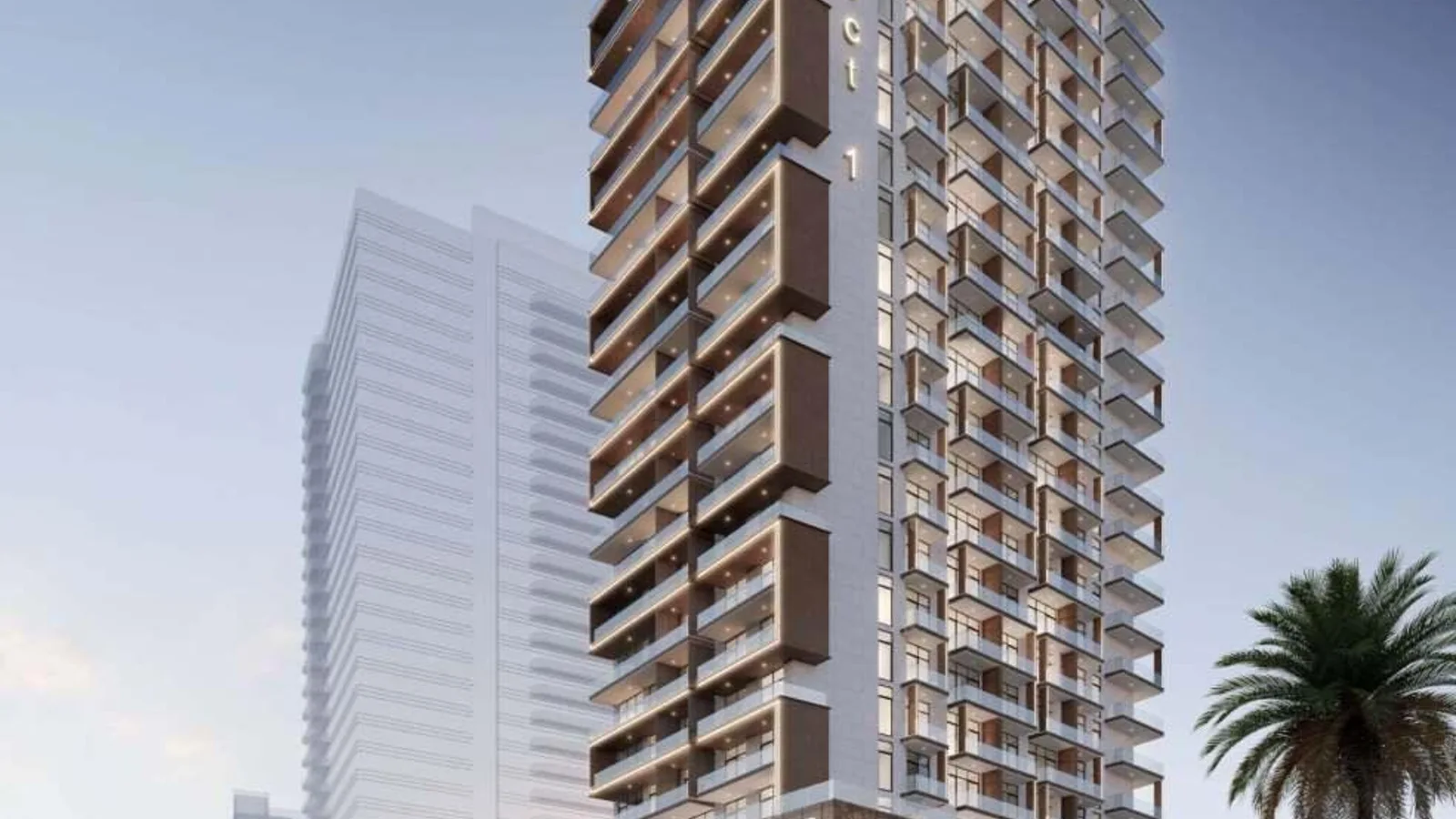 Front exterior view of W1NNER Tower showing its curved facade, balconies and landscaped arrival area.
