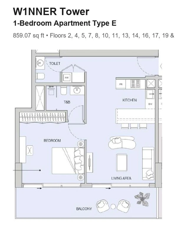 W1NNER Tower 1-bedroom apartment floor plan, Type E, 859.07 sq ft, for floors 2, 4, 5, 7, 8, 10, 11, 13, 14, 16, 17, 19 & 20.