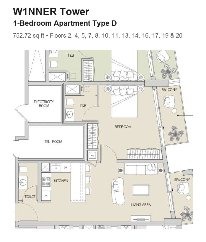 W1NNER Tower 1-bedroom apartment floor plan, Type D, 752.72 sq ft, for floors 2, 4, 5, 7, 8, 10, 11, 13, 14, 16, 17, 19 & 20.