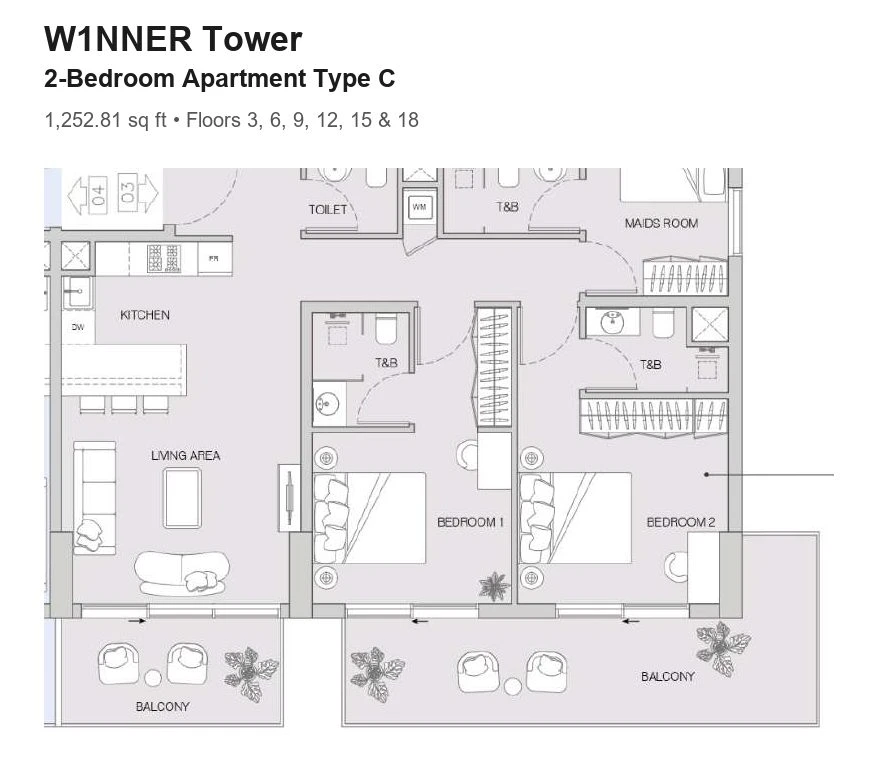 W1NNER Tower 2-bedroom apartment floor plan, Type C, 1,252.81 sq ft, for floors 3, 6, 9, 12, 15 & 18.