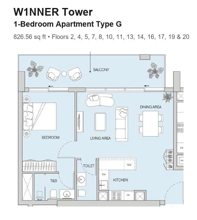W1NNER Tower 1-bedroom apartment floor plan, Type G, 826.56 sq ft, for floors 2, 4, 5, 7, 8, 10, 11, 13, 14, 16, 17, 19 & 20.