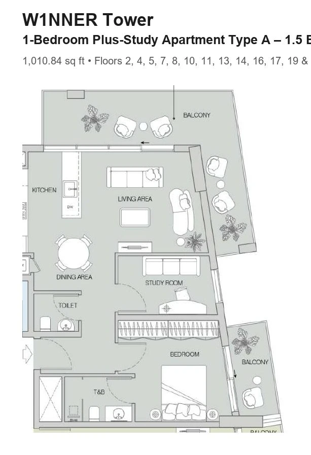 W1NNER Tower 1-bedroom plus-study apartment floor plan, Type A – 1.5 BR, 1,010.84 sq ft, for floors 2, 4, 5, 7, 8, 10, 11, 13, 14, 16, 17, 19 & 20.