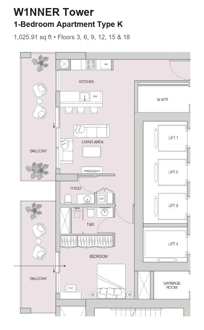 W1NNER Tower 1-bedroom apartment floor plan, Type K, 1,025.91 sq ft, for floors 3, 6, 9, 12, 15 & 18.