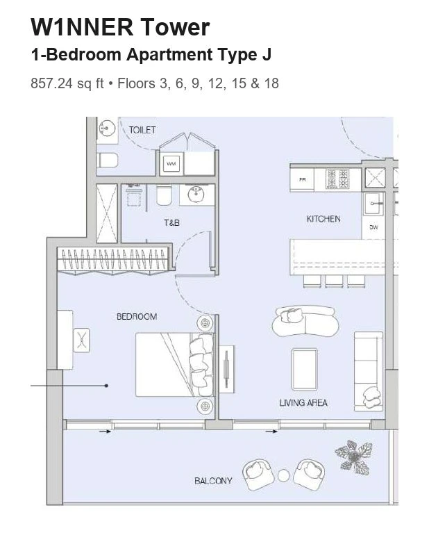 W1NNER Tower 1-bedroom apartment floor plan, Type J, 857.24 sq ft, for floors 3, 6, 9, 12, 15 & 18.