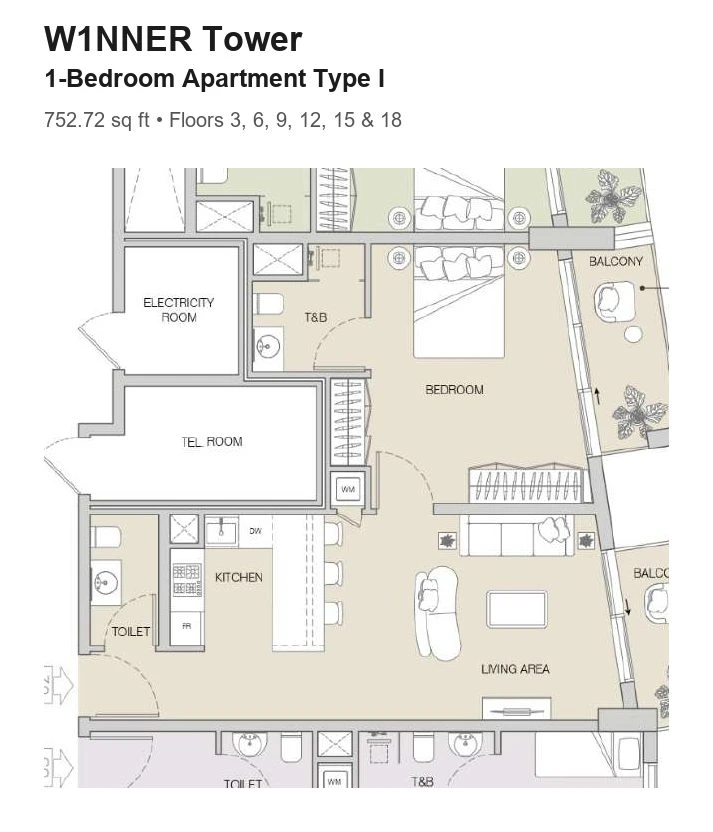 W1NNER Tower 1-bedroom apartment floor plan, Type I, 752.72 sq ft, for floors 3, 6, 9, 12, 15 & 18.