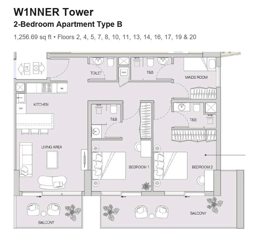 W1NNER Tower 2-bedroom apartment floor plan, Type B, 1,256.69 sq ft, for floors 2, 4, 5, 7, 8, 10, 11, 13, 14, 16, 17, 19 & 20.