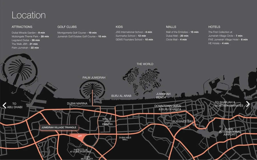 W1NNER Tower location map showing nearby schools, malls, hotels, leisure destinations and indicative travel times across Dubai.