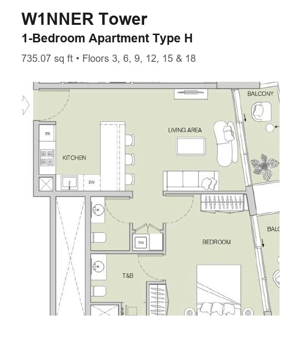 W1NNER Tower 1-bedroom apartment floor plan, Type H, 735.07 sq ft, for floors 3, 6, 9, 12, 15 & 18.