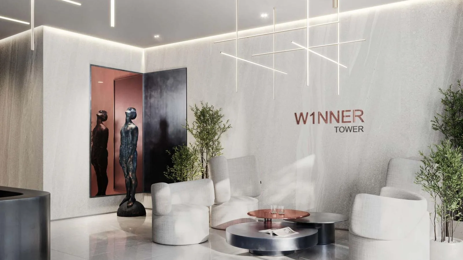 W1NNER Tower lobby lounge with contemporary seating, warm lighting and full-height glazing.