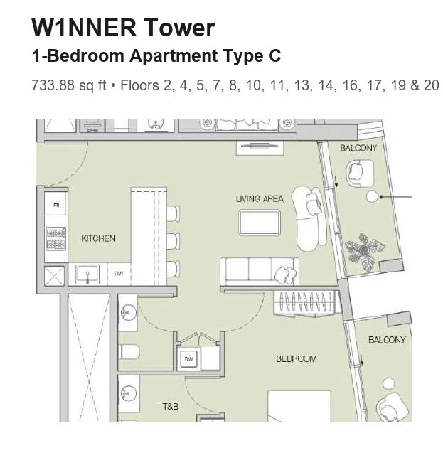 W1NNER Tower 1-bedroom apartment floor plan, Type C, 733.88 sq ft, for floors 2, 4, 5, 7, 8, 10, 11, 13, 14, 16, 17, 19 & 20.