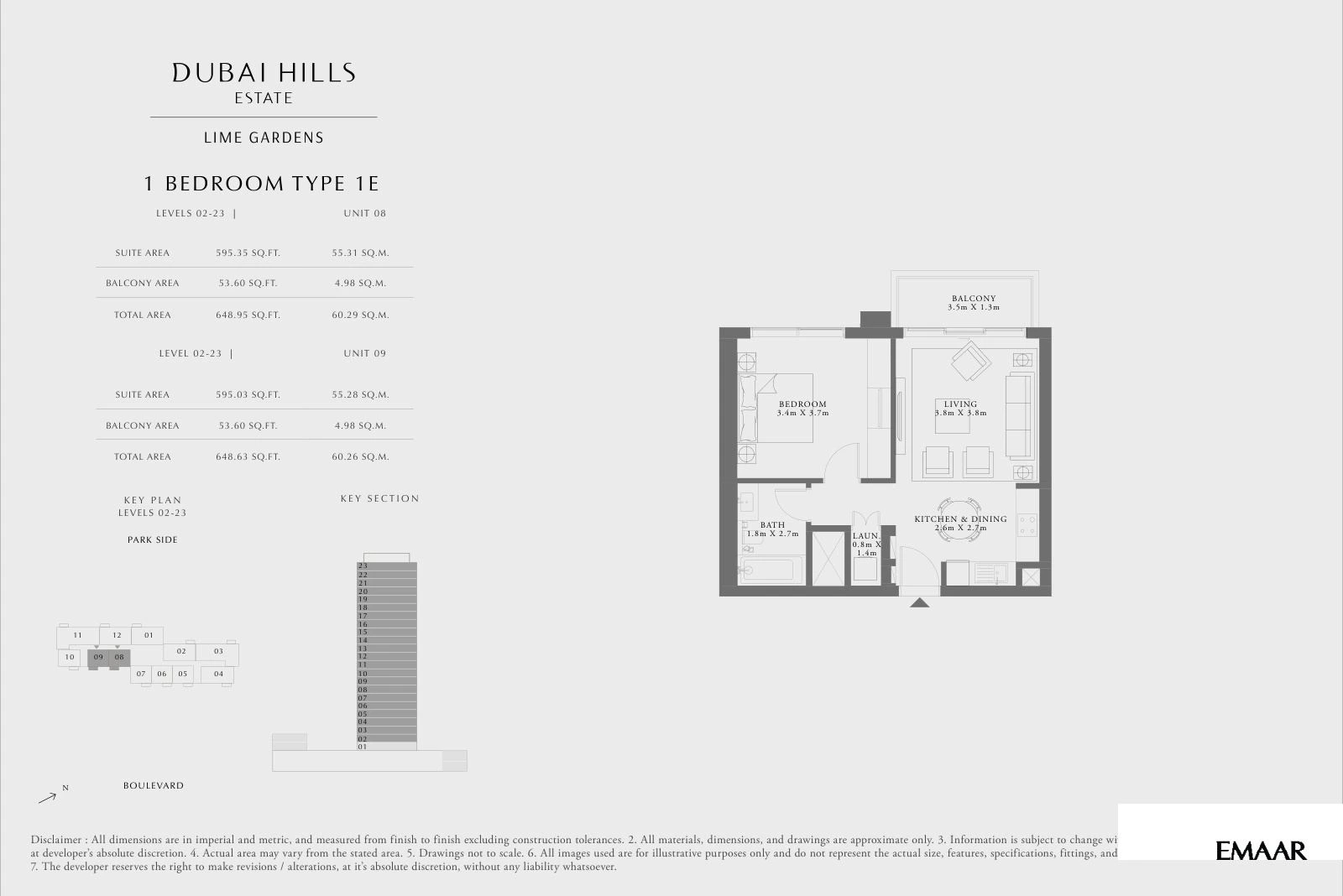 Lime Gardens 1-bedroom Type 1E apartment floor plan for levels 02-23 - units 08 and 09, 648.63 to 648.95 sq ft.