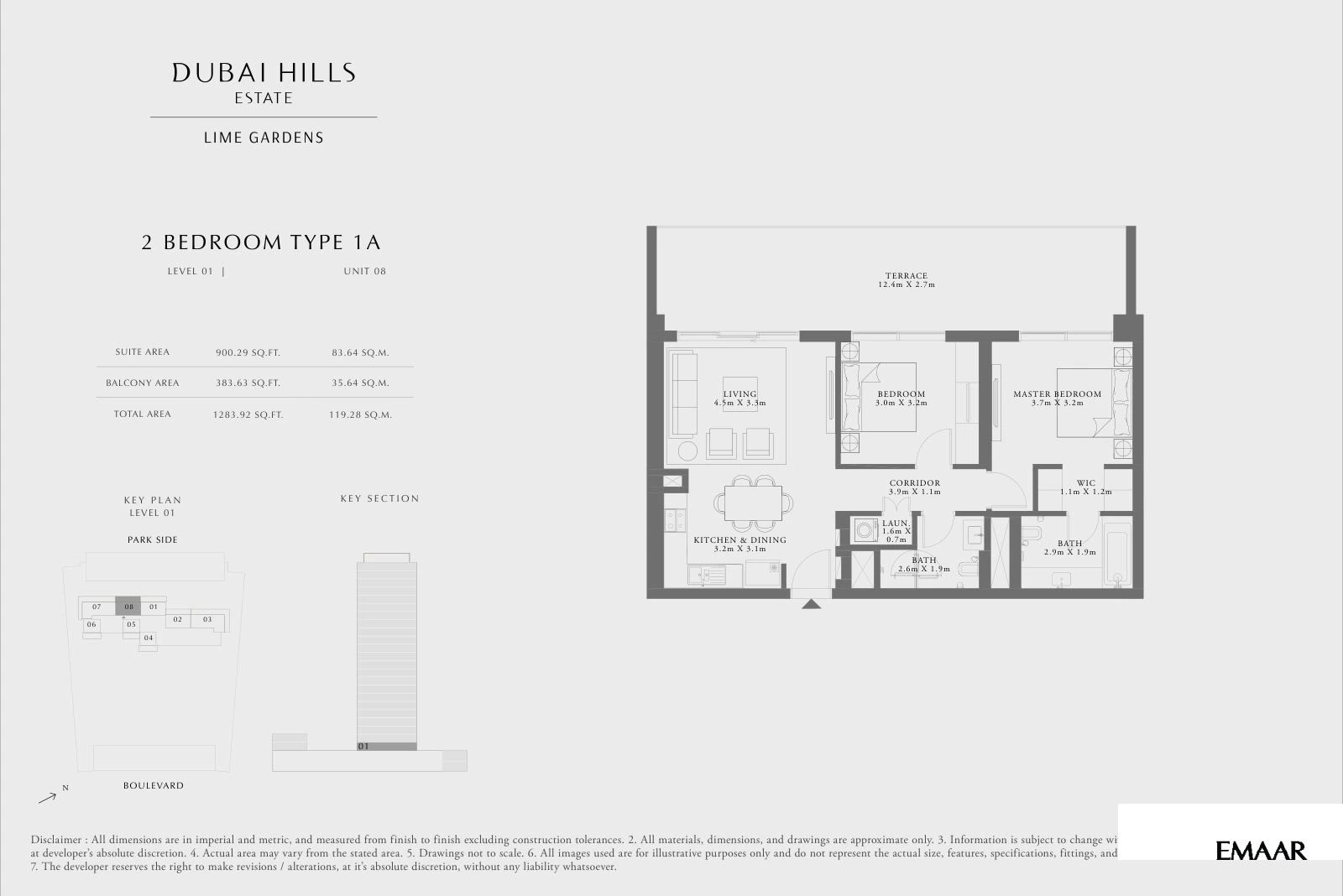 Lime Gardens 2-bedroom Type 1A apartment floor plan for level 01 - unit 08, 1,283.92 sq ft.