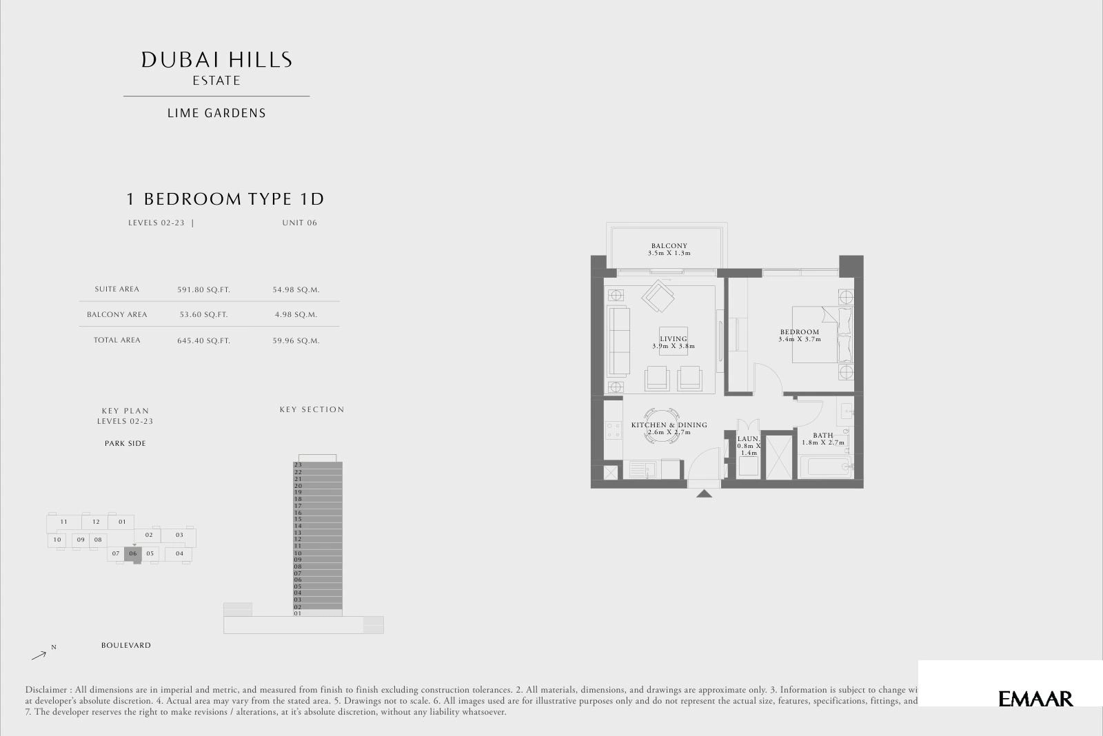 Lime Gardens 1-bedroom Type 1D apartment floor plan for levels 02-23 - unit 06, 645.40 sq ft.