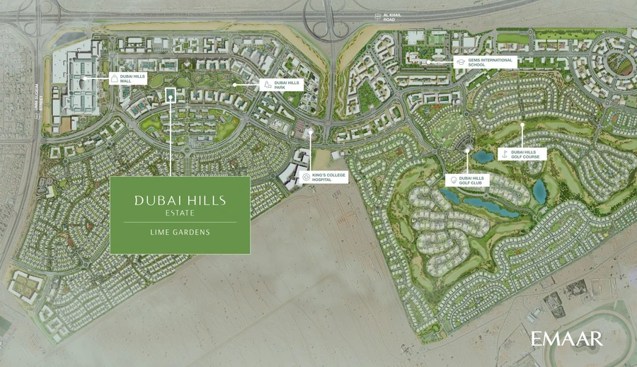 Dubai Hills Estate master plan showing Lime Gardens near Dubai Hills Mall, Dubai Hills Park, King's College Hospital and Al Khail Road.