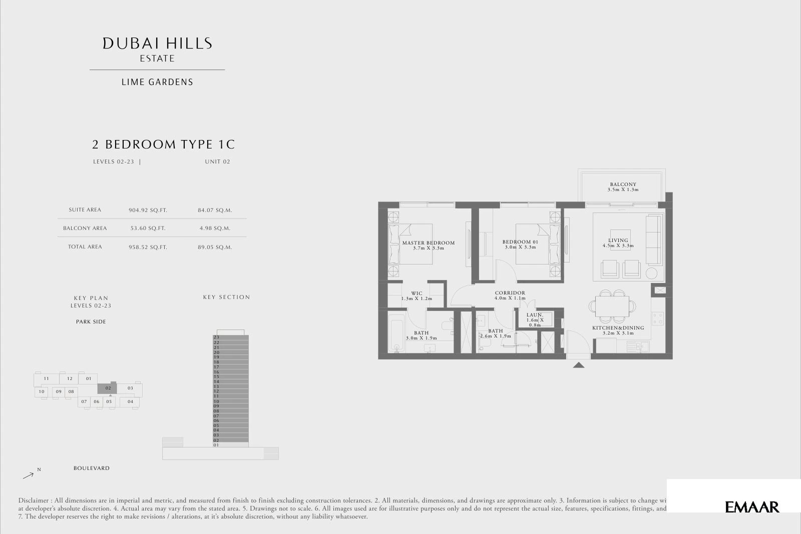 Lime Gardens 2-bedroom Type 1C apartment floor plan for levels 02-23 - unit 02, 958.52 sq ft.
