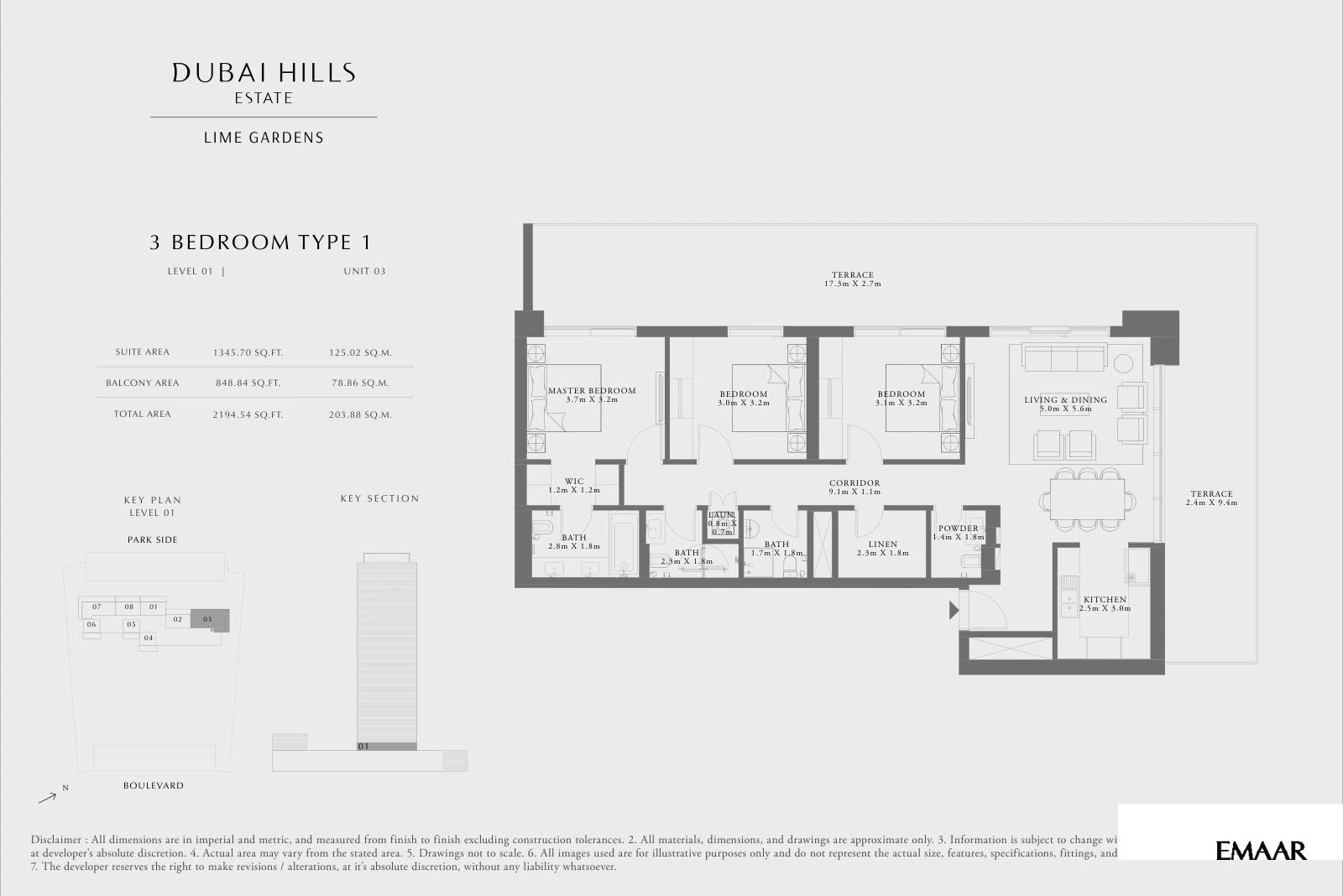Lime Gardens 3-bedroom Type 1 apartment floor plan for level 01 - unit 03, 2,194.54 sq ft.