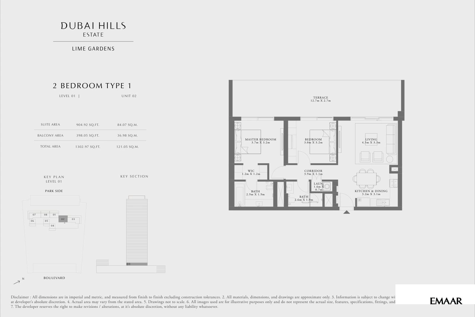 Lime Gardens 2-bedroom Type 1 apartment floor plan for level 01 - unit 02, 1,302.97 sq ft.