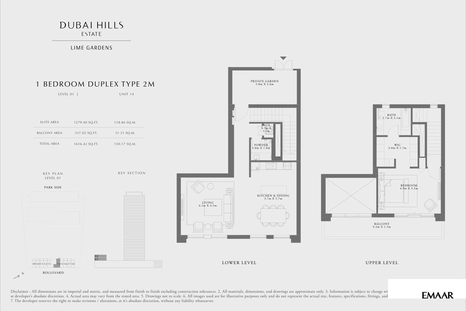 Lime Gardens 1-bedroom Type 2M duplex townhouse floor plan for level 01 - unit 14, 1,616.42 sq ft.