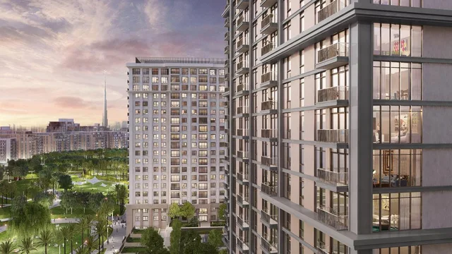Lime Gardens residential tower overlooking the landscaped Dubai Hills Park community.